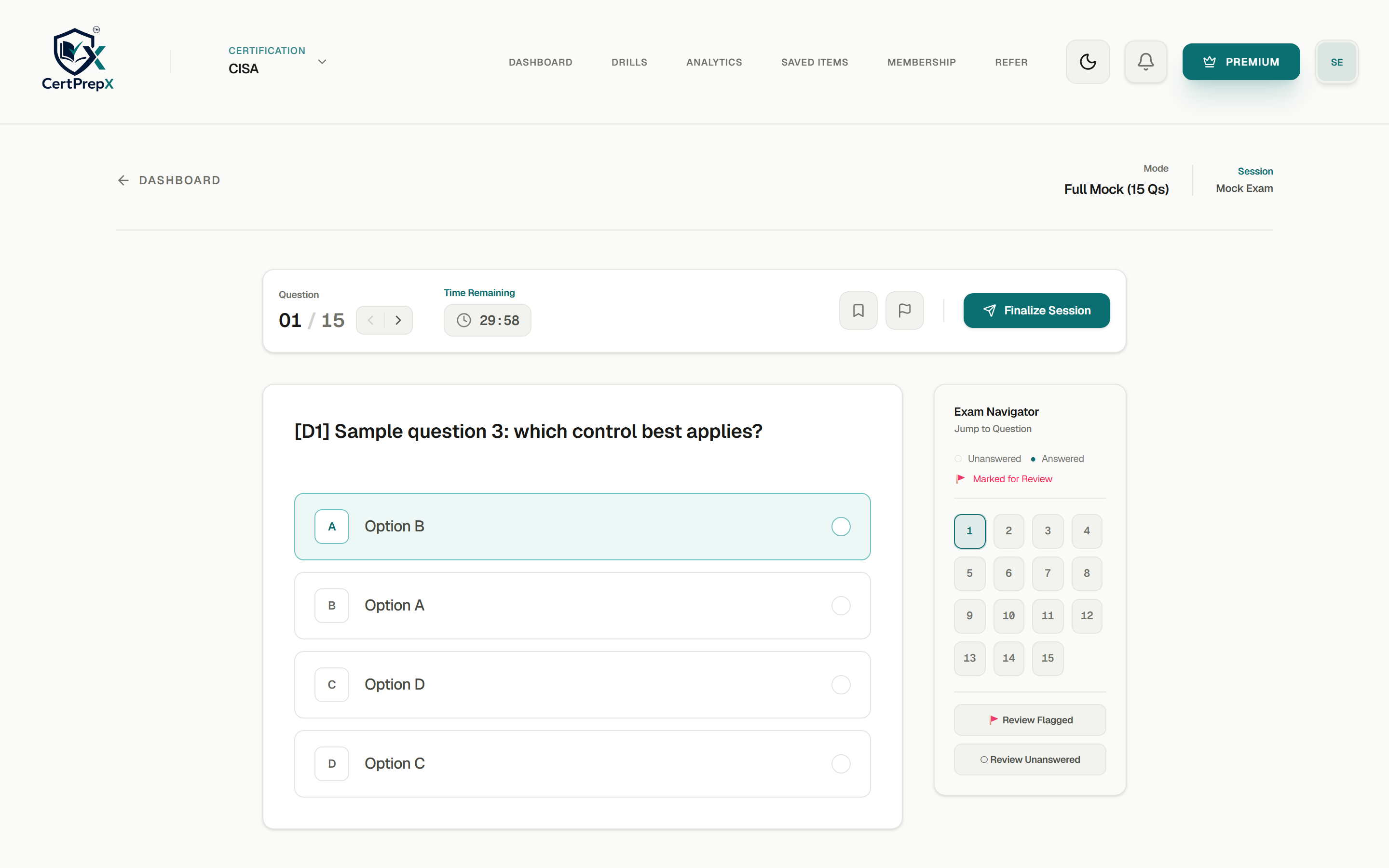 CertPrepX mock exam — a timed, blueprint-aligned simulation with exam navigator